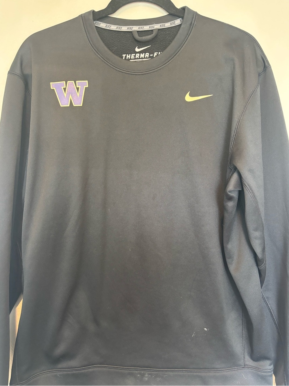 Nike Therma-FIT UW Black Crewneck Sweater with Purple W Patch